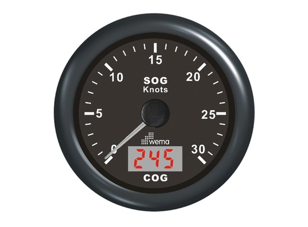 WEMA GPS knopmåler m/kompass, sort 0-30 knop